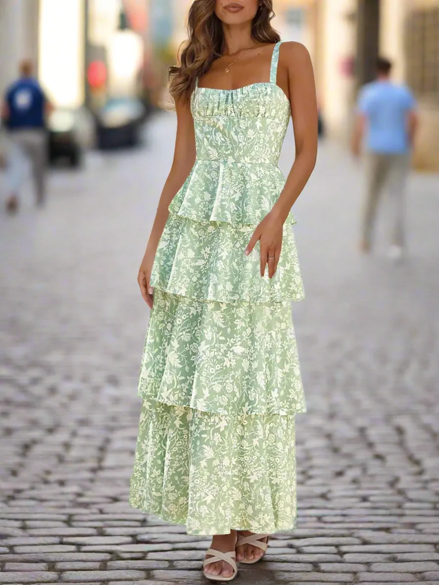Fisoew Floral Maxi Dress for Women - Spaghetti Strap, Sleeveless, Ruffle Tiered Summer Style