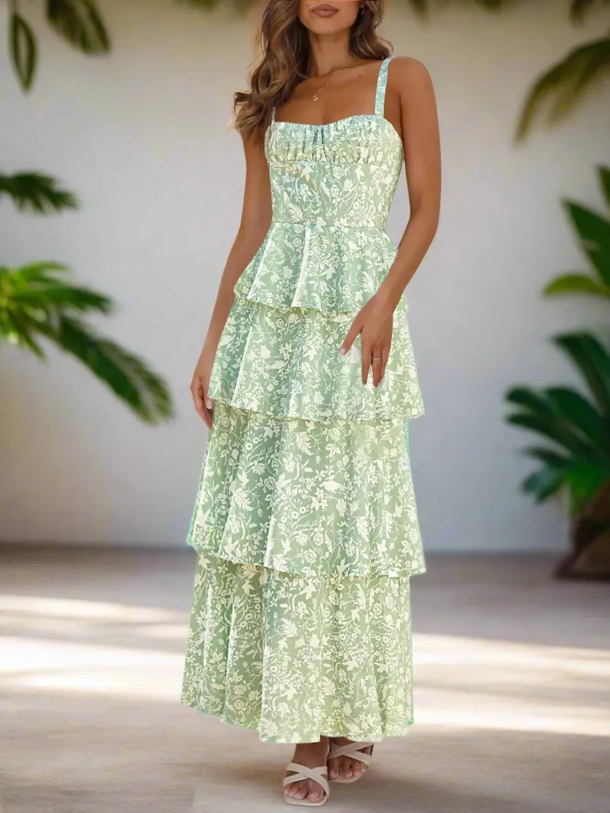 Fisoew Floral Maxi Dress for Women - Spaghetti Strap, Sleeveless, Ruffle Tiered Summer Style