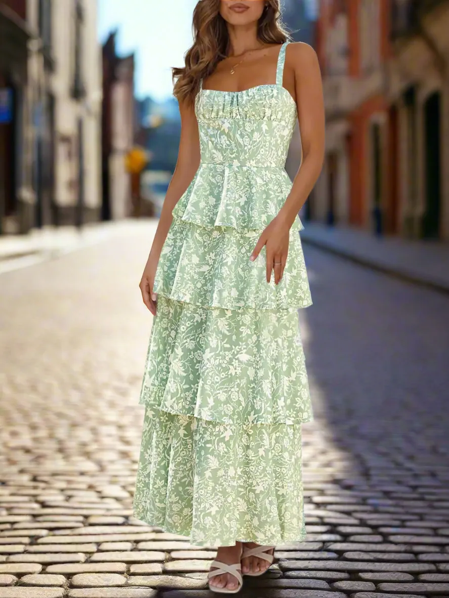 Fisoew Floral Maxi Dress for Women - Spaghetti Strap, Sleeveless, Ruffle Tiered Summer Style