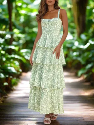 Fisoew Floral Maxi Dress for Women - Spaghetti Strap, Sleeveless, Ruffle Tiered Summer Style