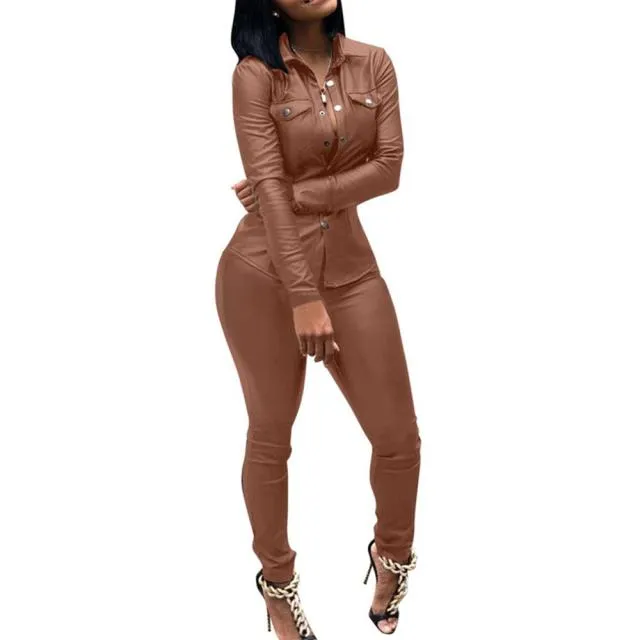 Fitting Faux Leather Shirt and Pencil Pant