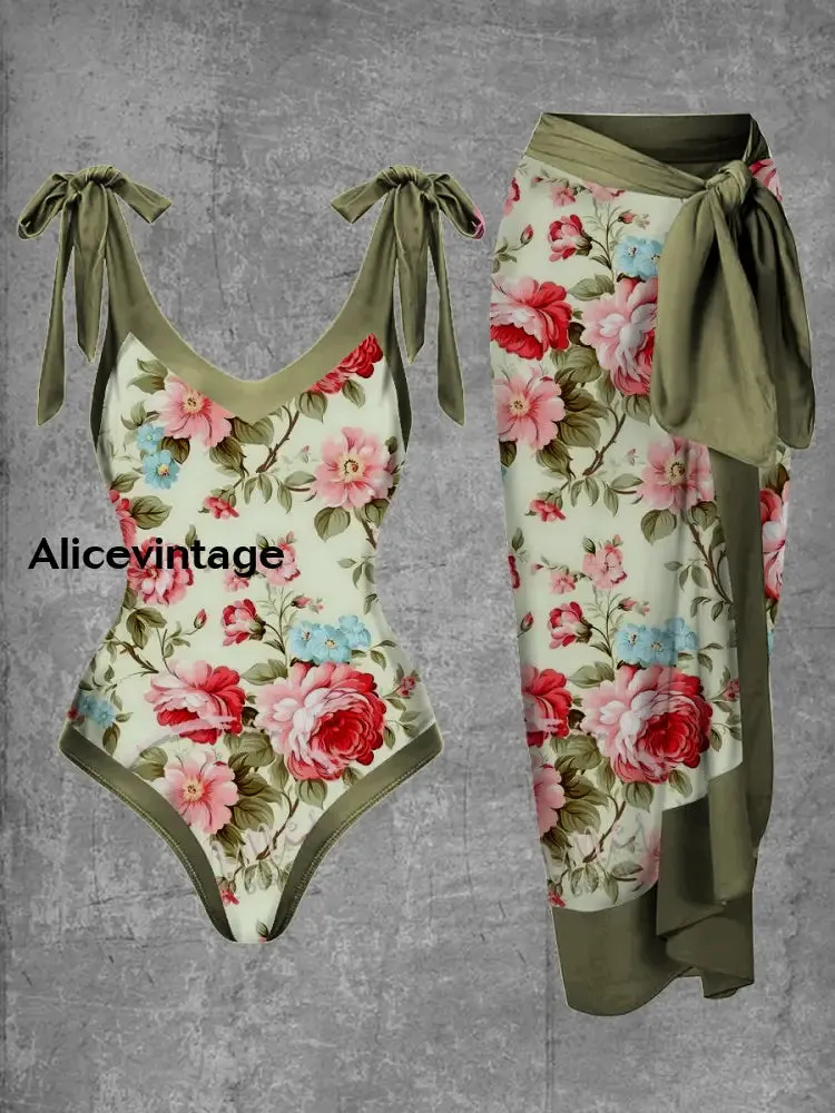Floral Art Print Halter Two Piece Swimsuits