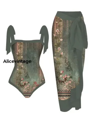 Floral Art Print Halter Two Piece Swimsuits
