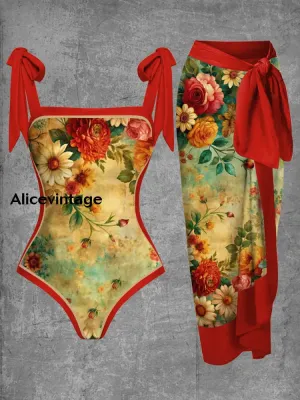 Floral Art Print Halter Two Piece Swimsuits