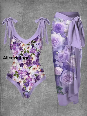 Floral Art Print Halter Two Piece Swimsuits