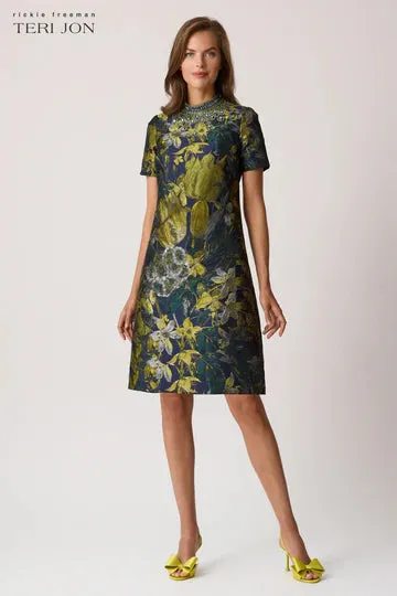 FLORAL JACQUARD BEAD MOCK NECK DRESS