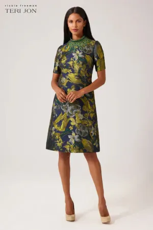 FLORAL JACQUARD BEAD MOCK NECK DRESS