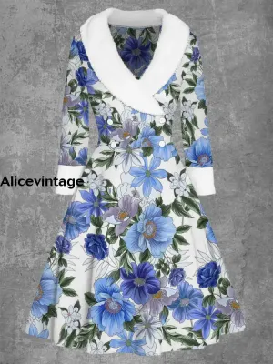 Floral Print Vintage Elegant Fur Collar Button Long Sleeve Coat Dress