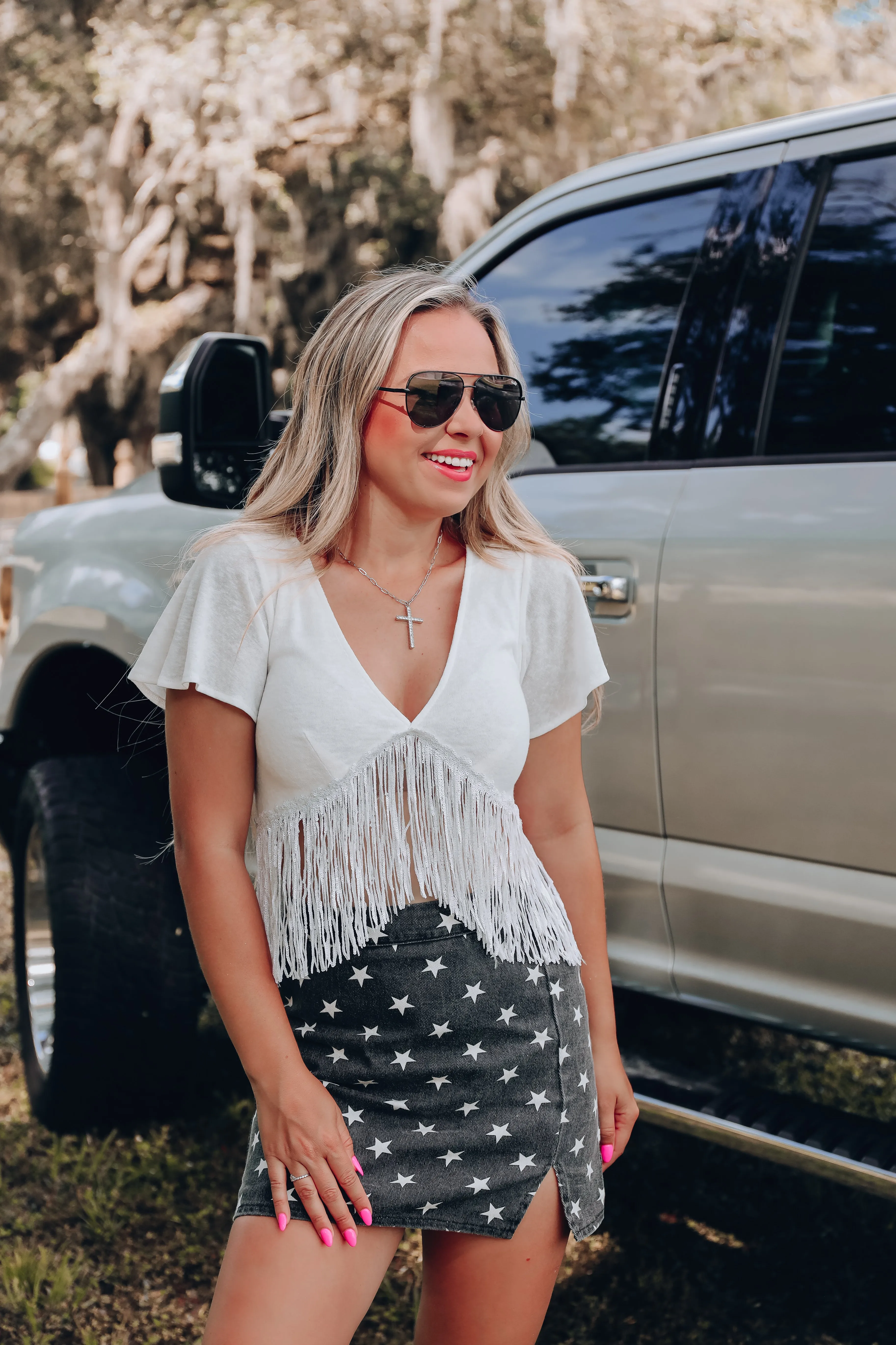 Fluttering Fringe V-Neck Crop Top