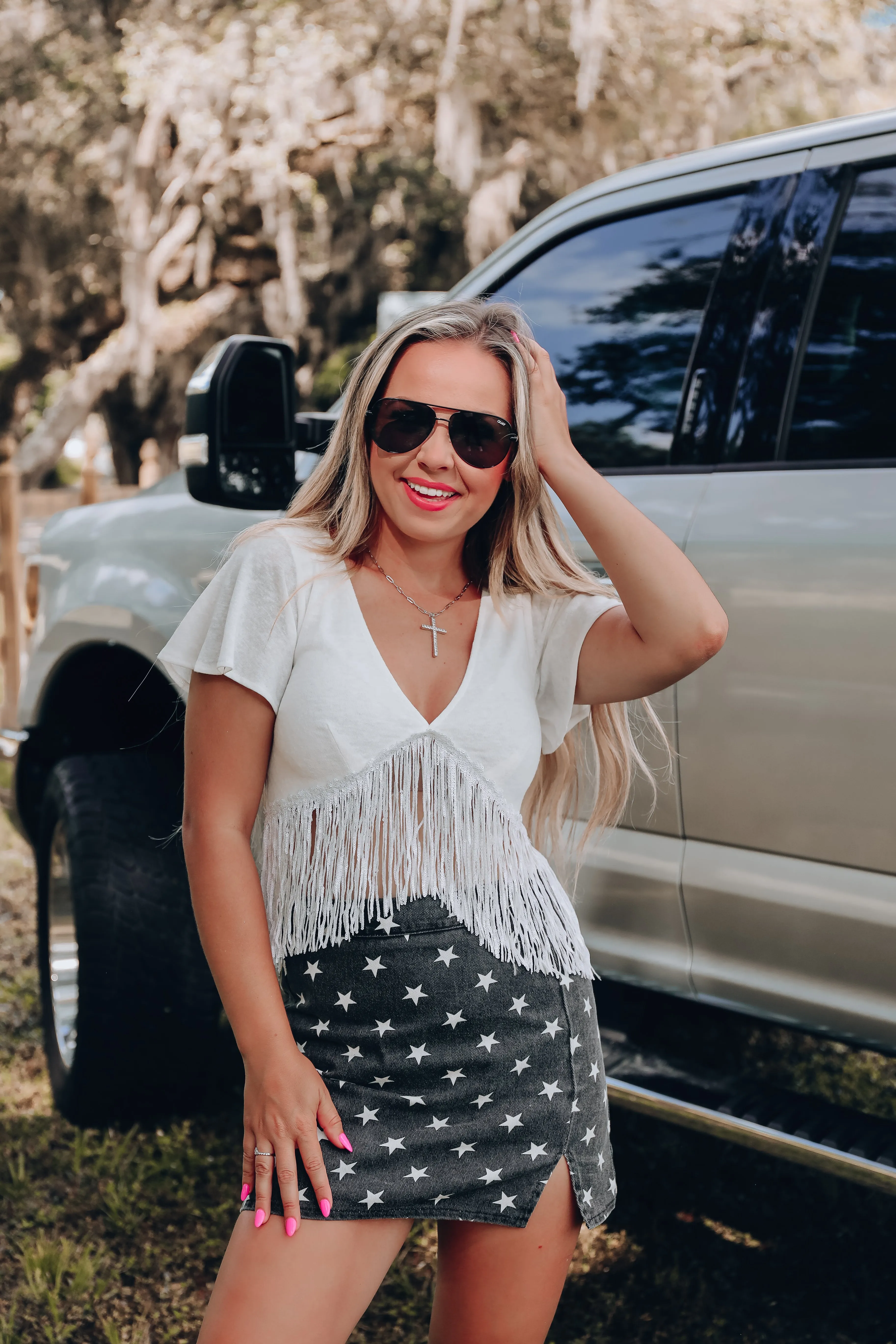 Fluttering Fringe V-Neck Crop Top