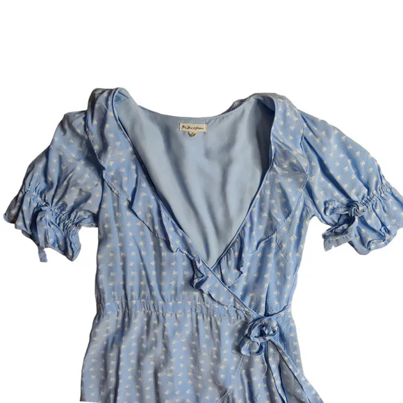 For Love and Lemons Blue Sweetheart Short Sleeve Ruffle Mini Wrap Dress Medium