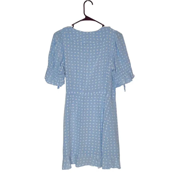 For Love and Lemons Blue Sweetheart Short Sleeve Ruffle Mini Wrap Dress Medium