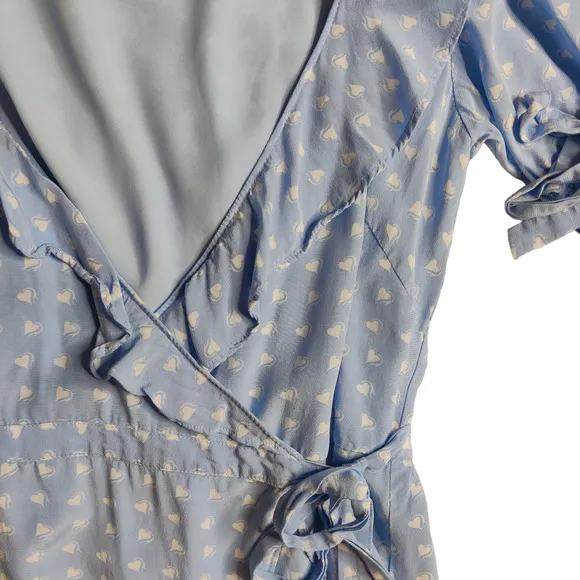 For Love and Lemons Blue Sweetheart Short Sleeve Ruffle Mini Wrap Dress Medium