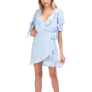 For Love and Lemons Blue Sweetheart Short Sleeve Ruffle Mini Wrap Dress Medium
