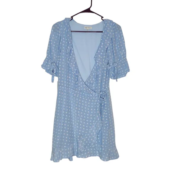 For Love and Lemons Blue Sweetheart Short Sleeve Ruffle Mini Wrap Dress Medium