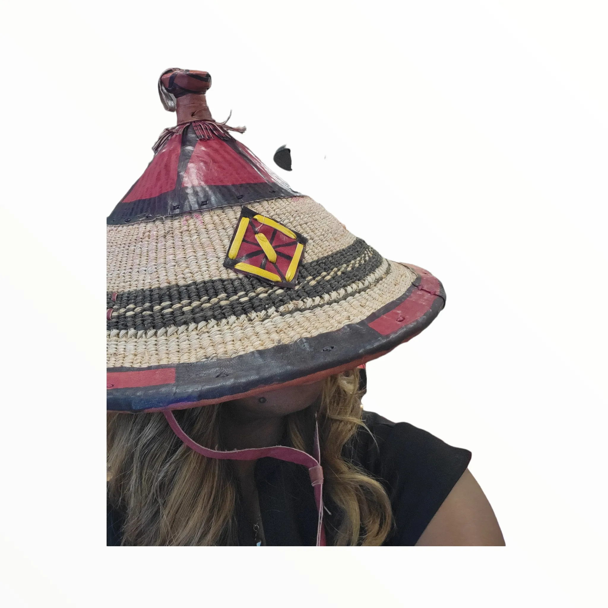 Fulani Ceremonial Hat with red leather accents | Geri's Bluffing Boutique