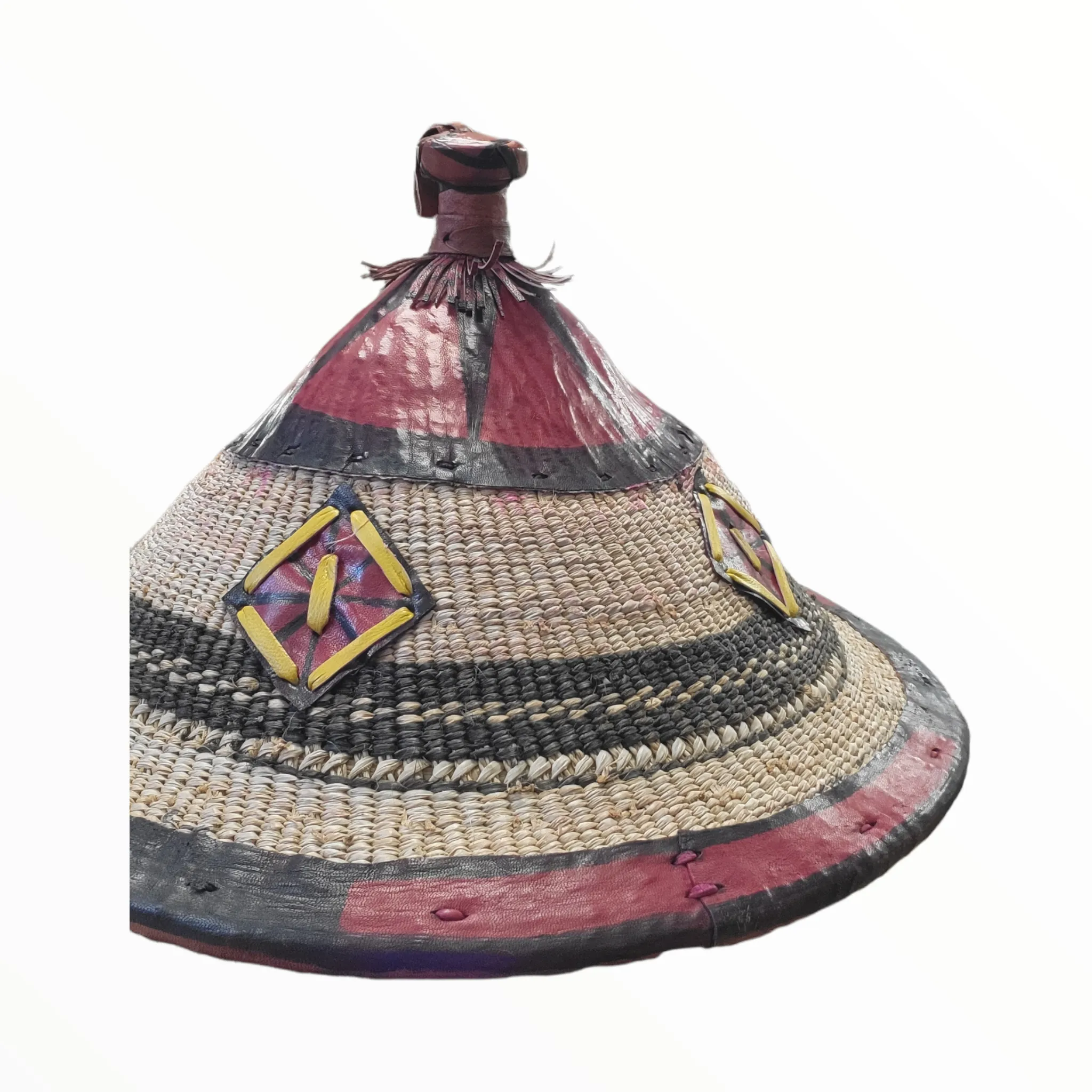 Fulani Ceremonial Hat with red leather accents | Geri's Bluffing Boutique
