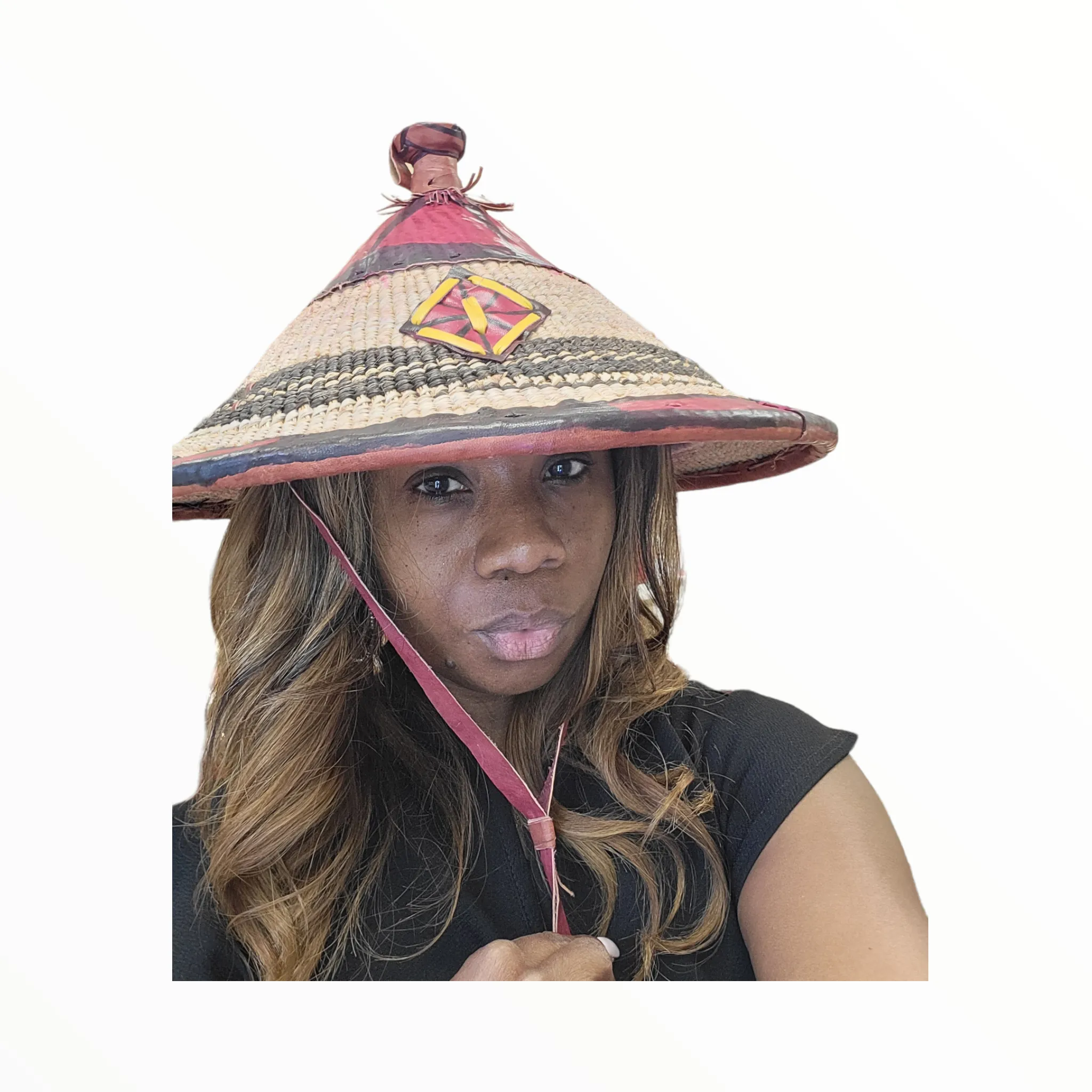 Fulani Ceremonial Hat with red leather accents | Geri's Bluffing Boutique