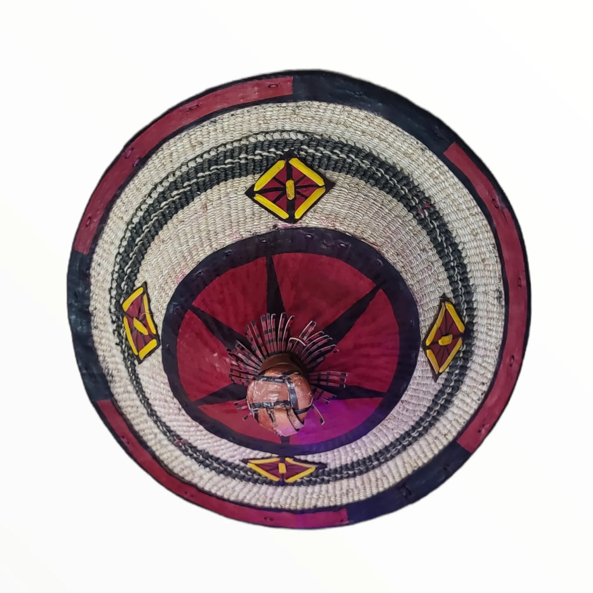 Fulani Ceremonial Hat with red leather accents | Geri's Bluffing Boutique