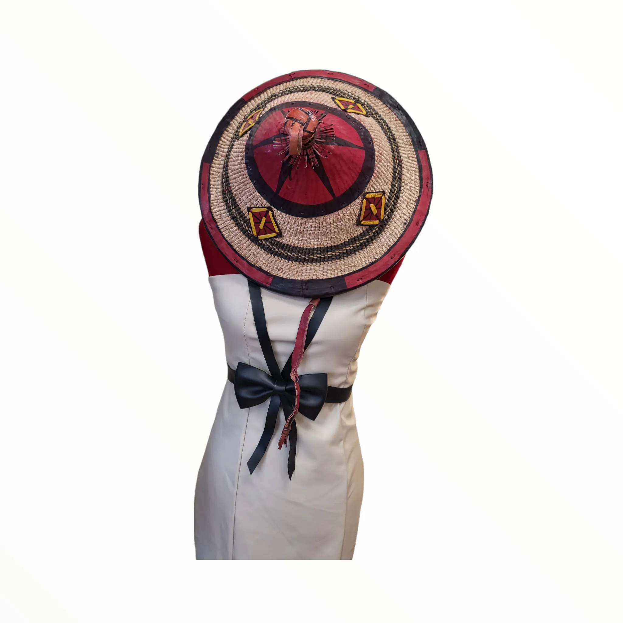Fulani Ceremonial Hat with red leather accents | Geri's Bluffing Boutique