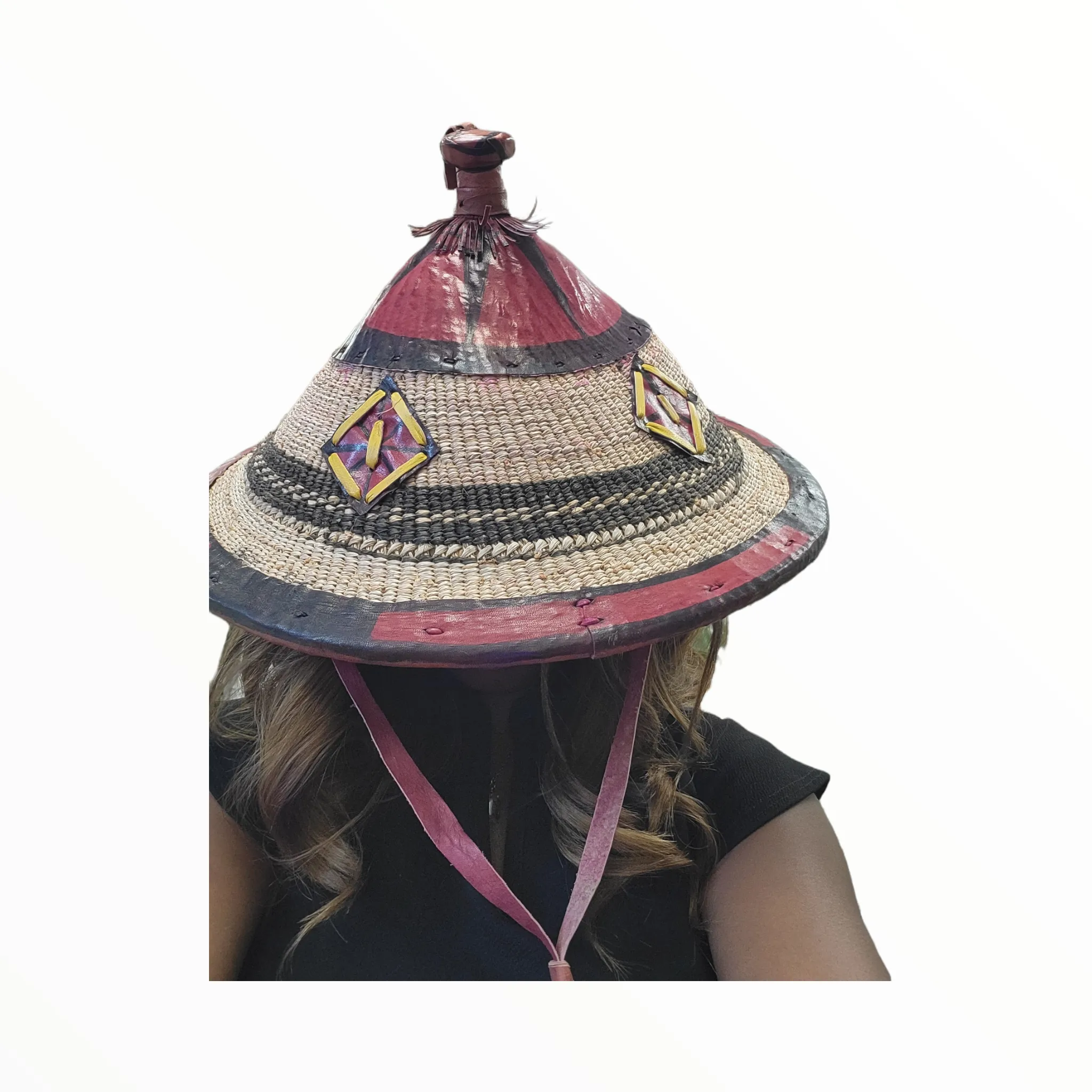 Fulani Ceremonial Hat with red leather accents | Geri's Bluffing Boutique