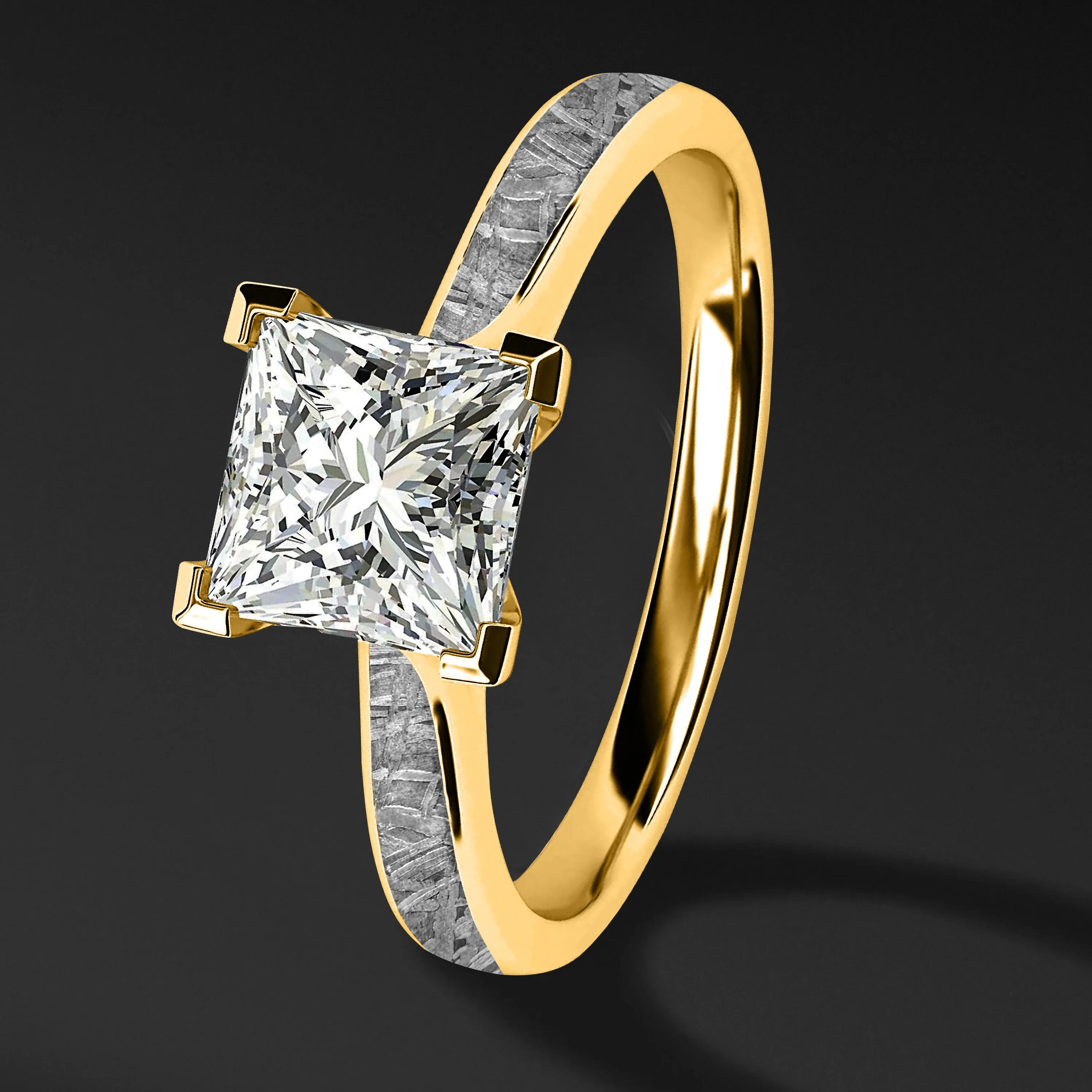 Golden Skyfall - 14K Gold or Sterling silver Engagement Ring for Women | 1.24 CT princess cut Certified Moissanite | Muonionalusta Meteorite Ring