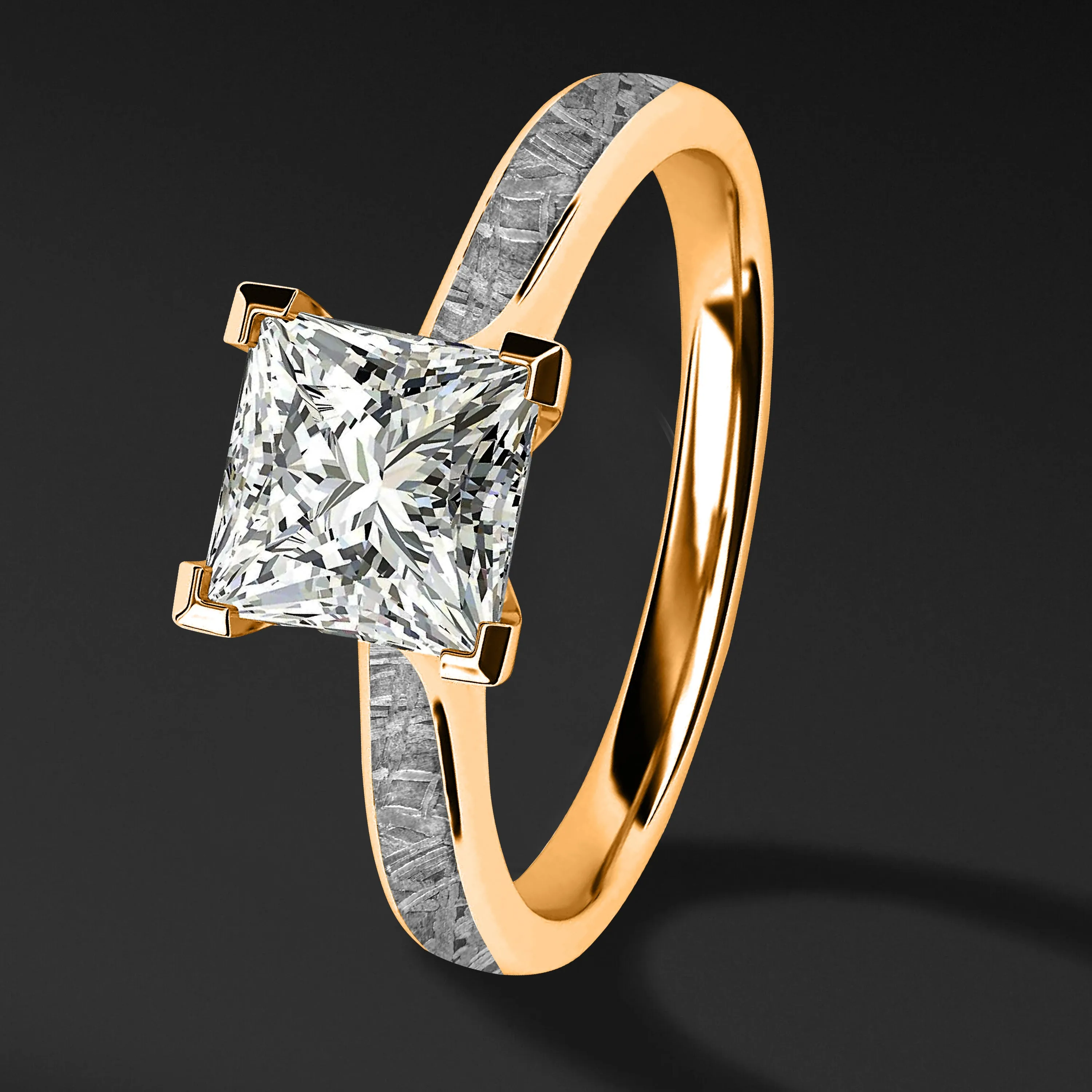 Golden Skyfall - 14K Gold or Sterling silver Engagement Ring for Women | 1.24 CT princess cut Certified Moissanite | Muonionalusta Meteorite Ring