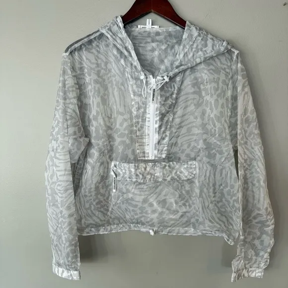 Good American Icy Leopard Print Windbreaker Jacket Sz 4 (Womens XL) White Sheer