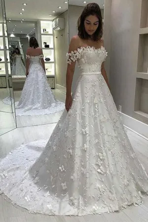 Gorgeous A Line Off the Shoulder White Sleeveless Satin Wedding Dresses with Appliques OHD104