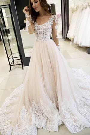 Gorgeous A Line Round Neck Long Sleeves Prom Dresses with Appliques OHC179