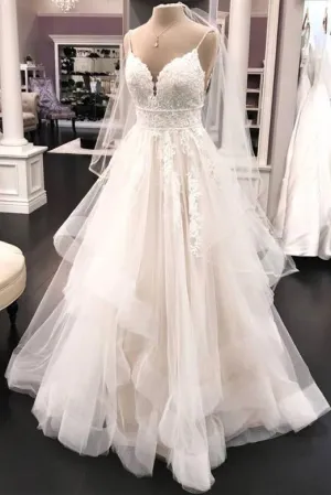 Gorgeous A Line Spaghetti Straps White Wedding Dresses with Appliques OHD097