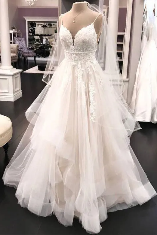 Gorgeous A Line Spaghetti Straps White Wedding Dresses with Appliques OHD097