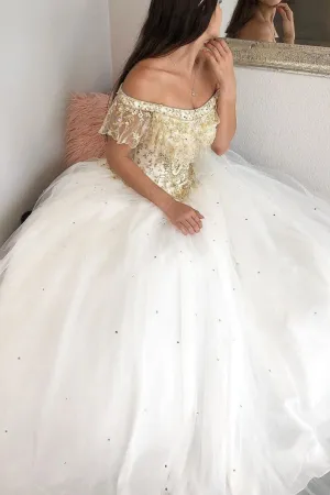 Gorgeous Ball Gown Off-the-shoulder Sleeveless Lace Beaded Long Tulle Prom Dress OHC235