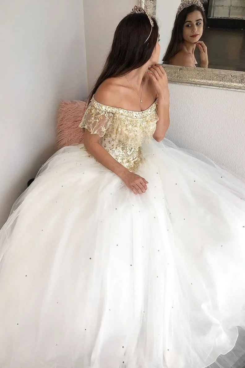 Gorgeous Ball Gown Off-the-shoulder Sleeveless Lace Beaded Long Tulle Prom Dress OHC235