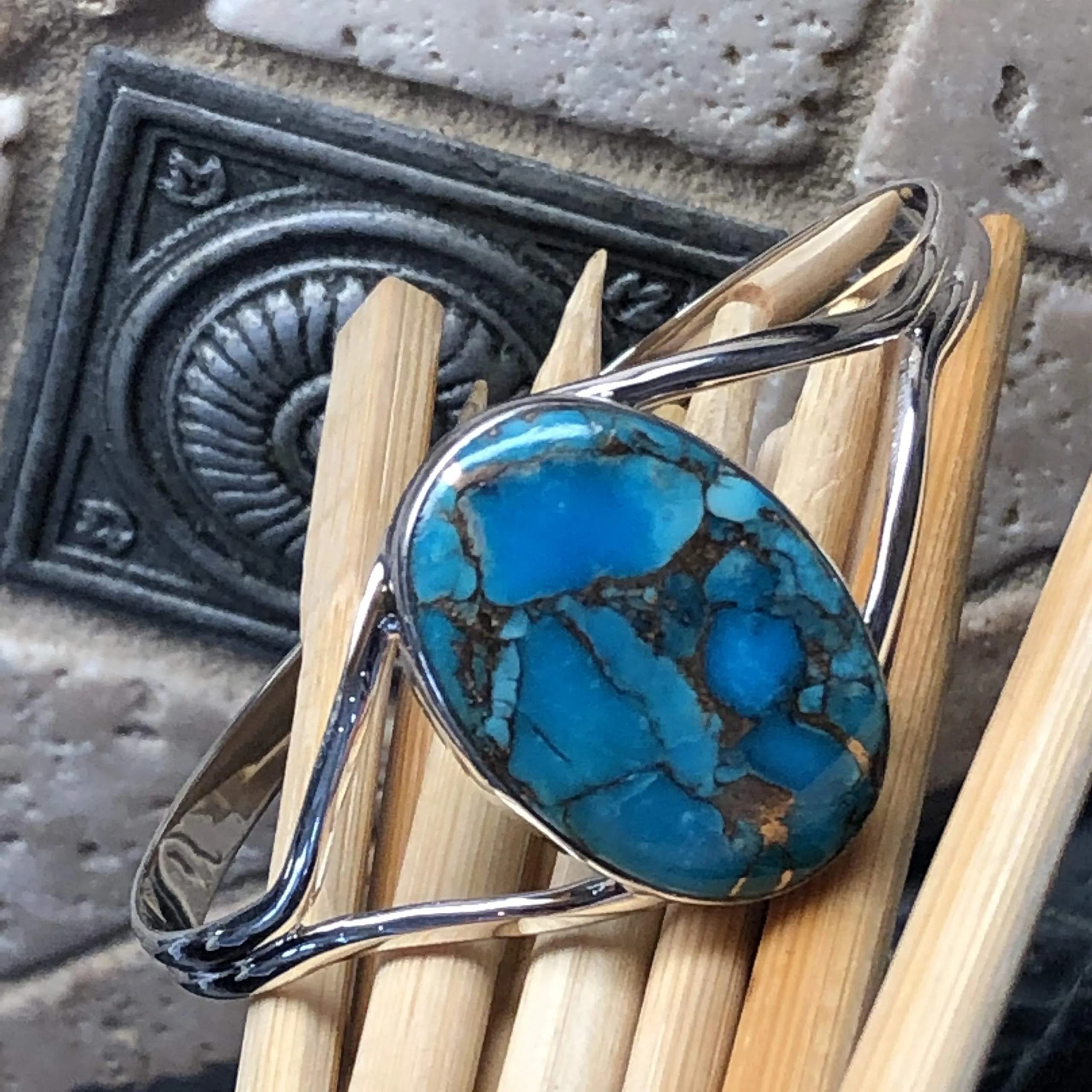 Gorgeous Blue Mohave Turquoise 925 Sterling Silver Bezel Setting Cuff Bracelet