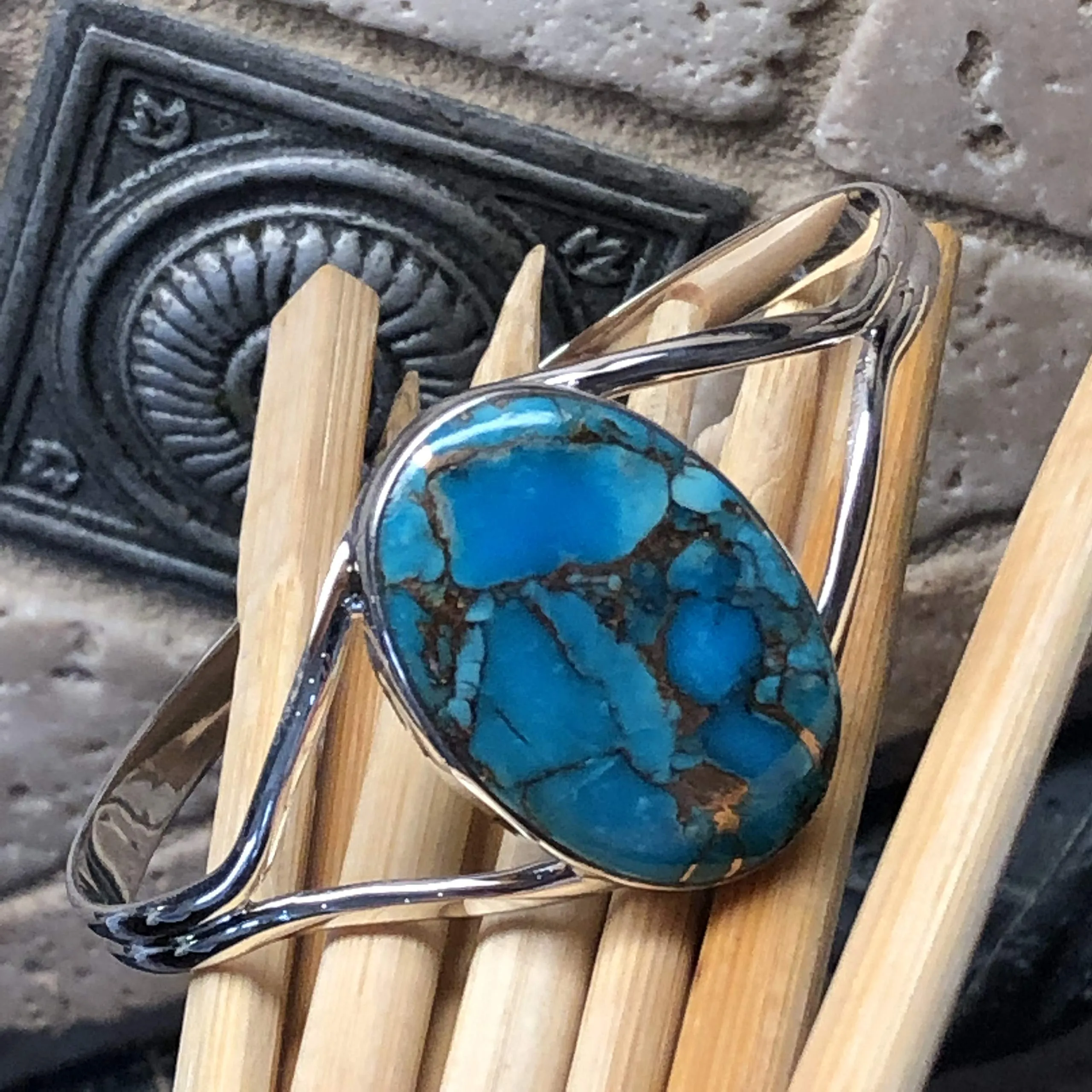 Gorgeous Blue Mohave Turquoise 925 Sterling Silver Bezel Setting Cuff Bracelet