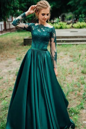 Gorgeous Dark Green Long Sleeves Lace Prom Dress Green Evening Dress Formal Dress PD017