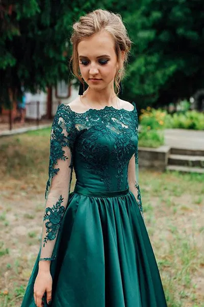 Gorgeous Dark Green Long Sleeves Lace Prom Dress Green Evening Dress Formal Dress PD017