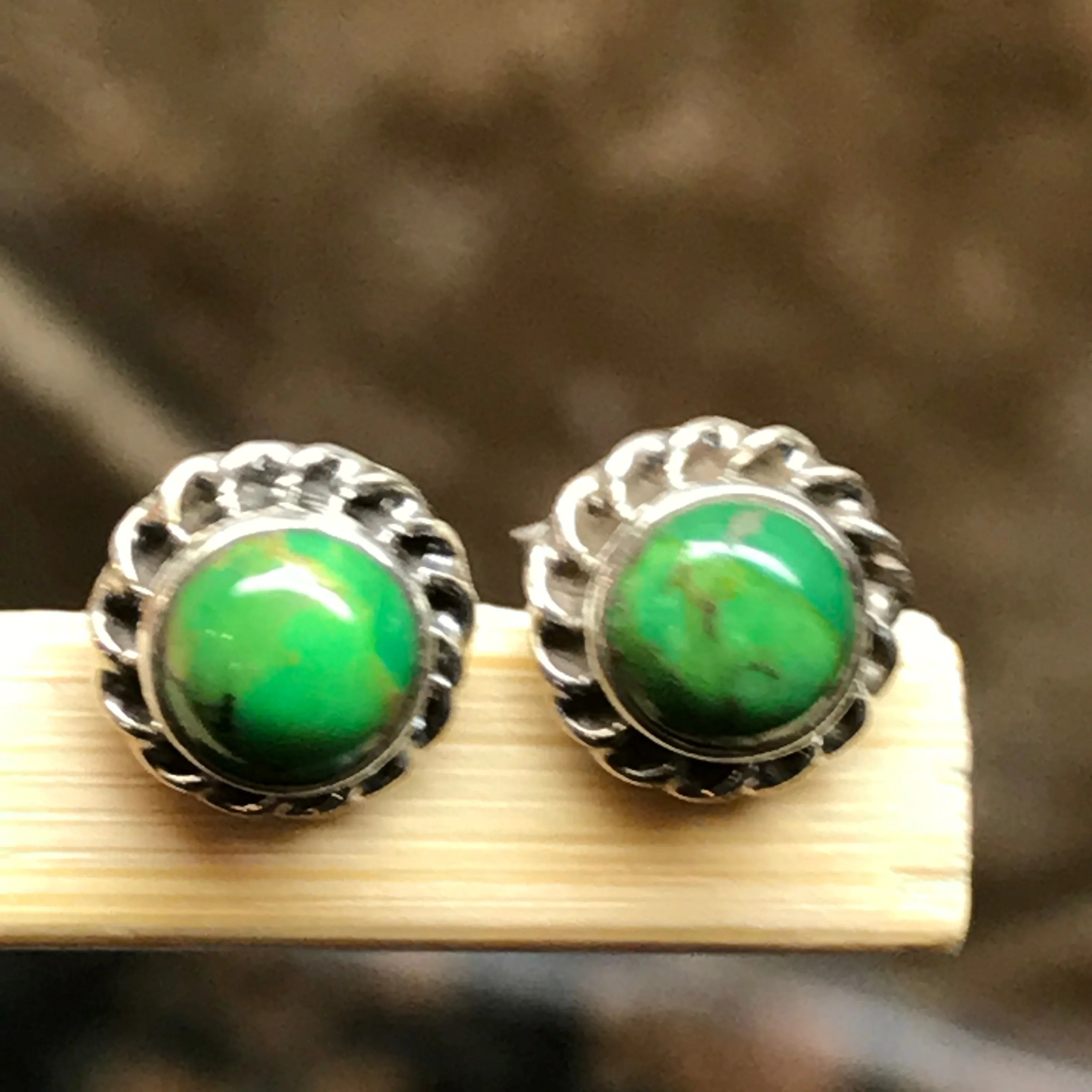 Gorgeous Green Copper Turquoise 925 Solid Sterling Silver Earrings 6mm