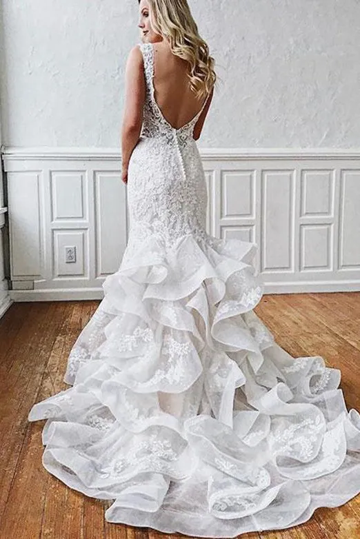 Gorgeous Mermaid V Neck White Sleeveless Tulle Wedding Dresses with Appliques OHD108
