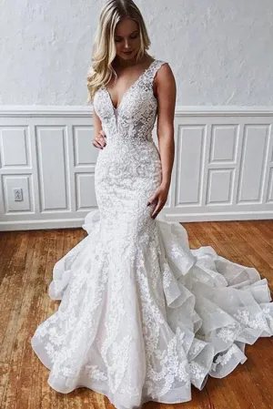 Gorgeous Mermaid V Neck White Sleeveless Tulle Wedding Dresses with Appliques OHD108