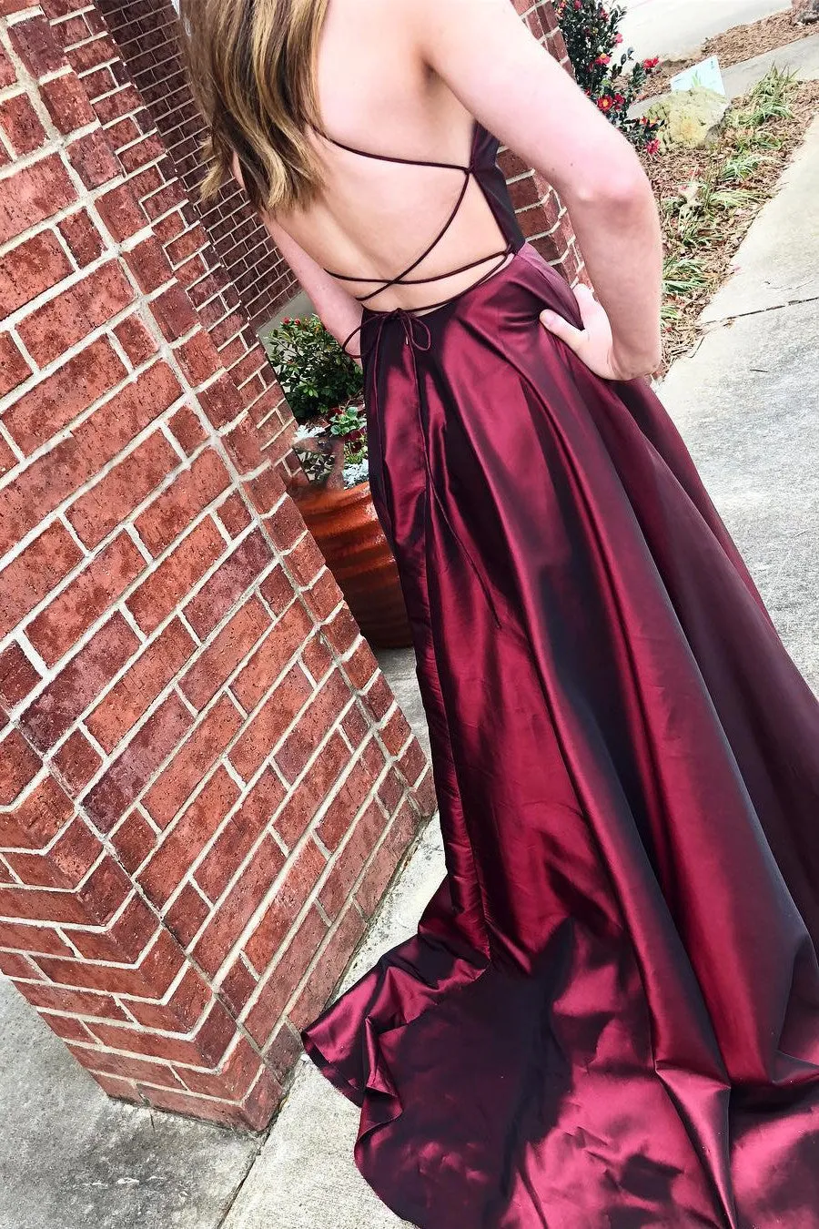 Gorgeous Spaghetti Strap Sweep Train Sleeveless Split Satin Long Prom Dress OHC175