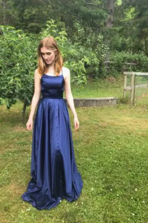 Gorgeous Spaghetti Strap Sweep Train Sleeveless Split Satin Long Prom Dress OHC175