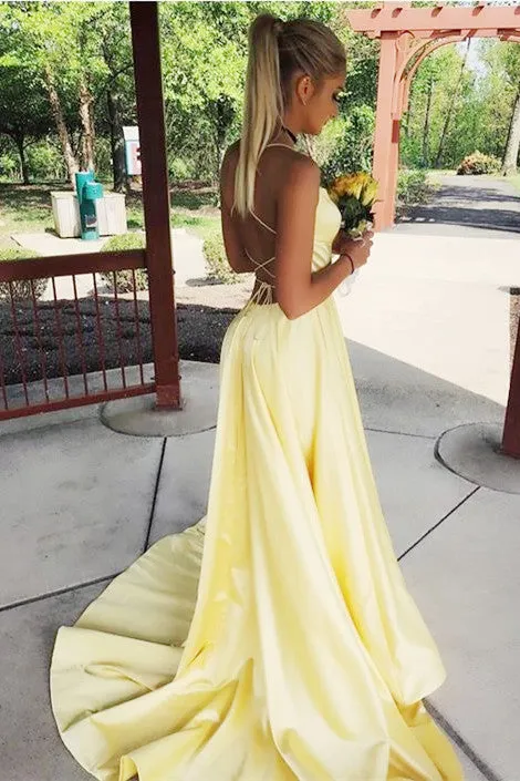 Gorgeous Spaghetti Strap Sweep Train Sleeveless Split Satin Long Prom Dress OHC175