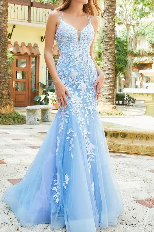 Gorgeous Spaghetti Straps Floral LaceDeep V-neck Sleeveless Prom Dress SNH006