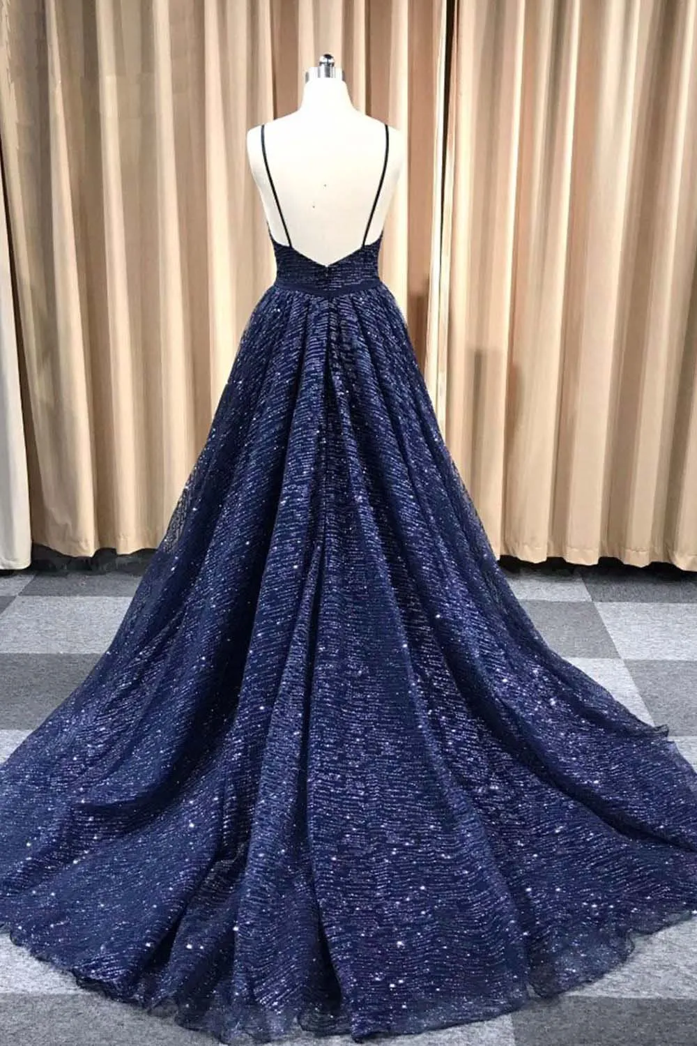 Gorgeous Sparkly A Line Spaghetti Straps Sweep Train Sleeveless Sequins Long Tulle Prom Dress OHC240