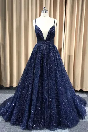 Gorgeous Sparkly A Line Spaghetti Straps Sweep Train Sleeveless Sequins Long Tulle Prom Dress OHC240