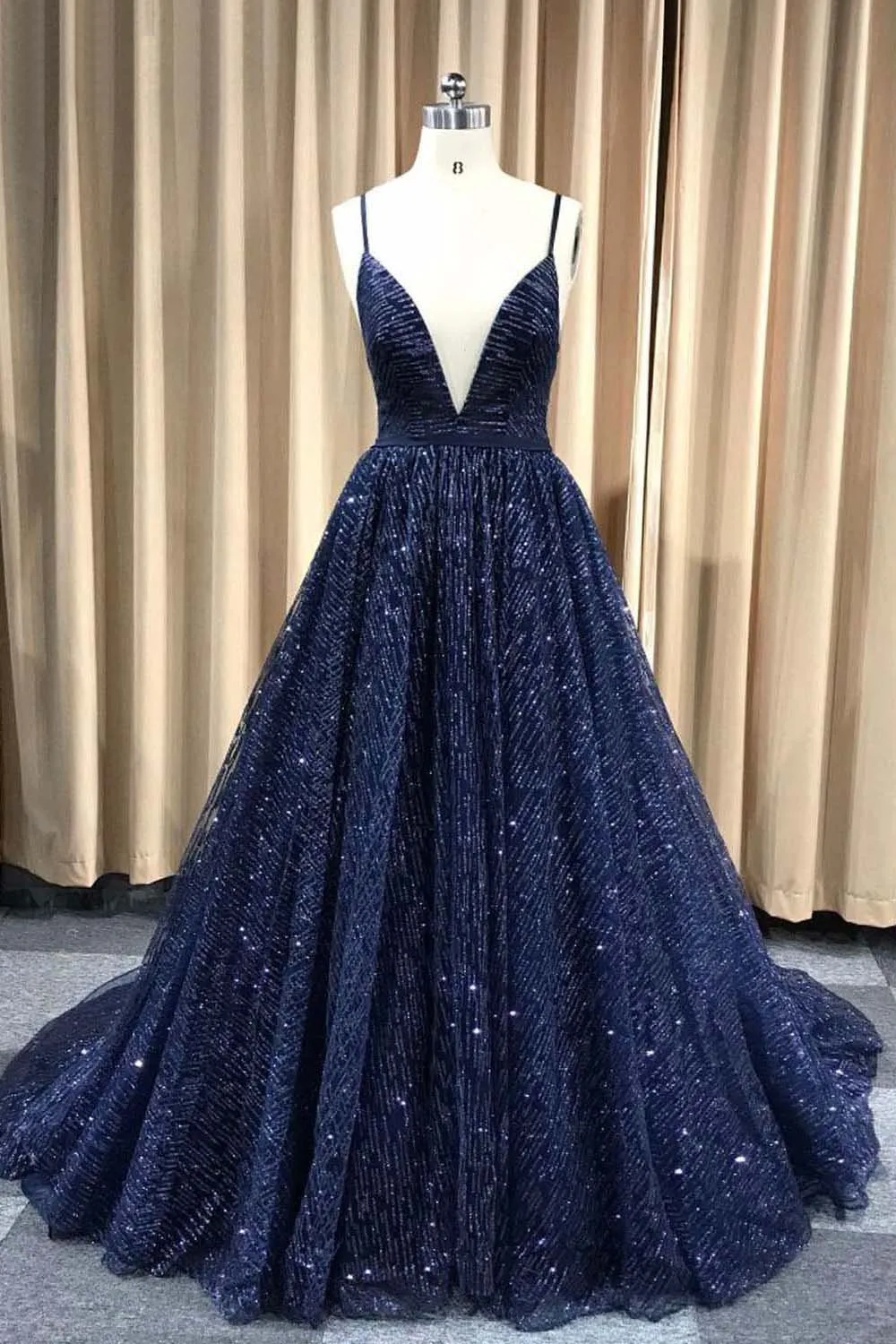Gorgeous Sparkly A Line Spaghetti Straps Sweep Train Sleeveless Sequins Long Tulle Prom Dress OHC240