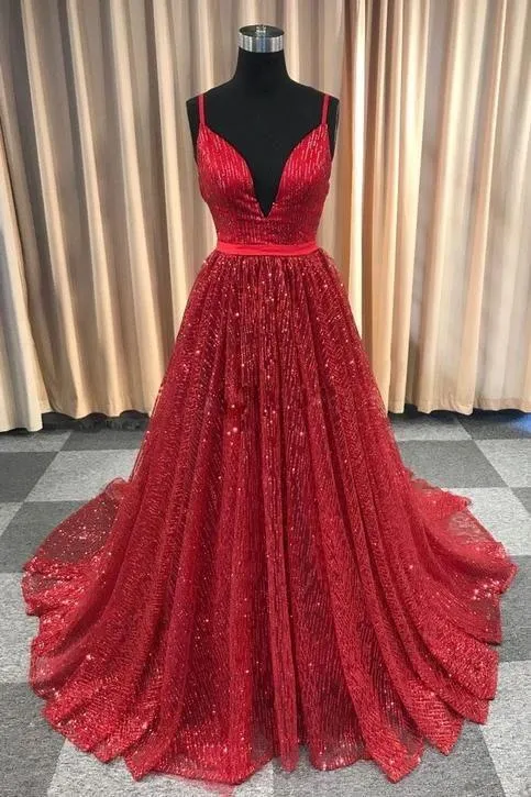 Gorgeous Sparkly A Line Spaghetti Straps Sweep Train Sleeveless Sequins Long Tulle Prom Dress OHC240