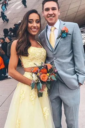 Gorgeous Two Piece Square Long Prom Dresses Appliques OHC153